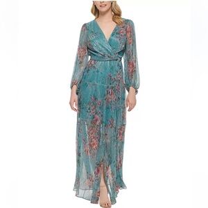 Eliza J teal blue pink floral long sleeve dress size 14 floor length metallic